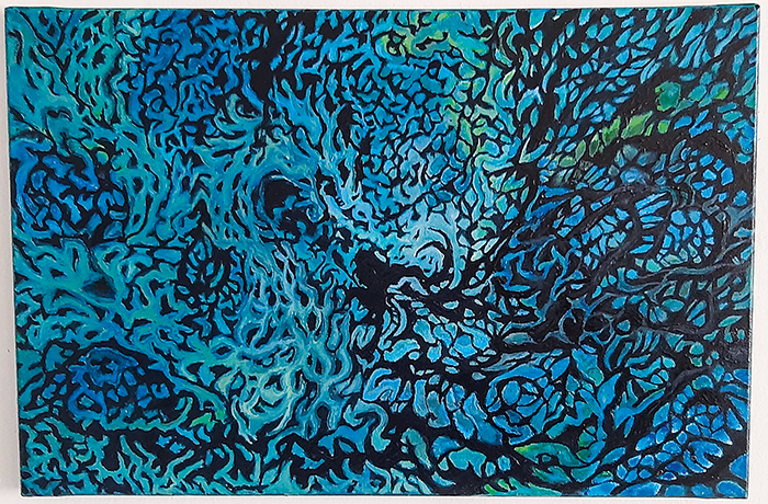 Pintura em tons de azul, simulando o mar