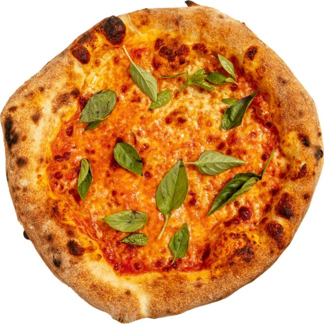 A imagem mostra um disco de pizza sabor margherita