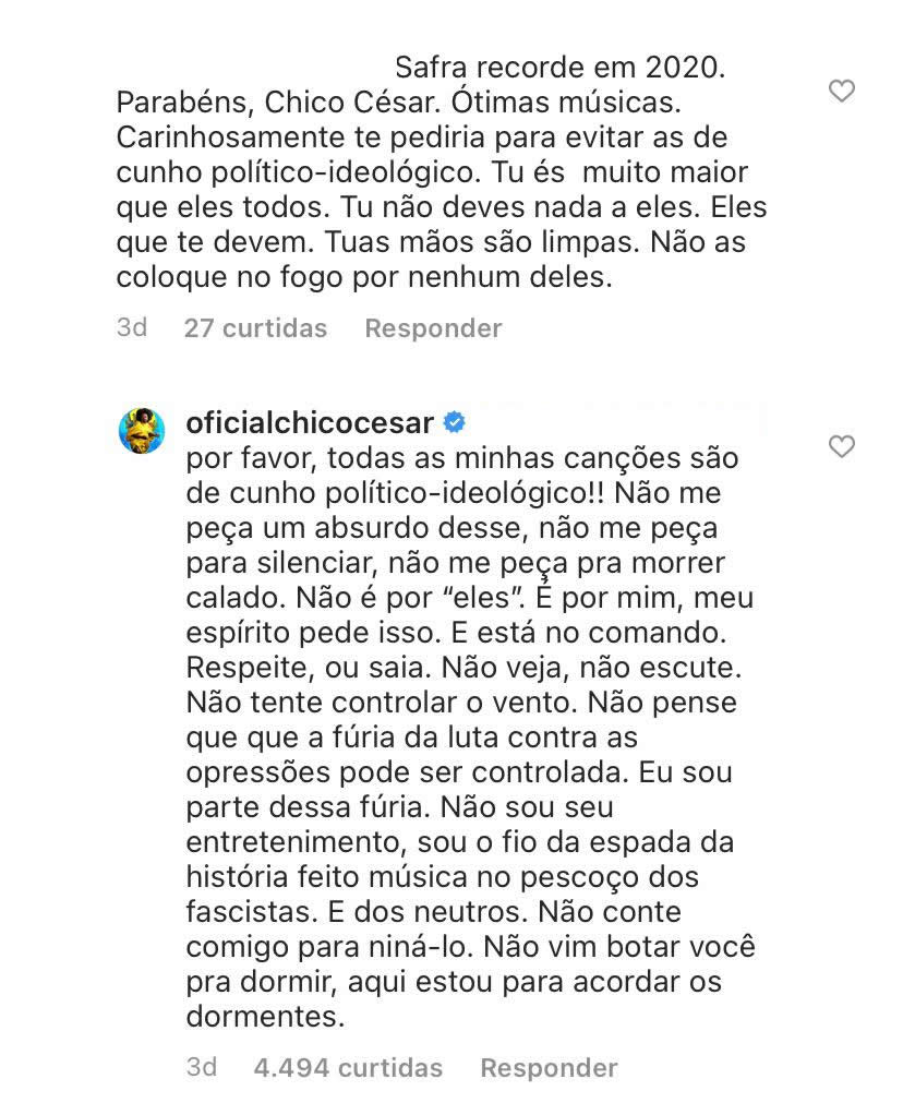 Print dos comentários do Instagram de Chico César que estão transcritos na reportagem