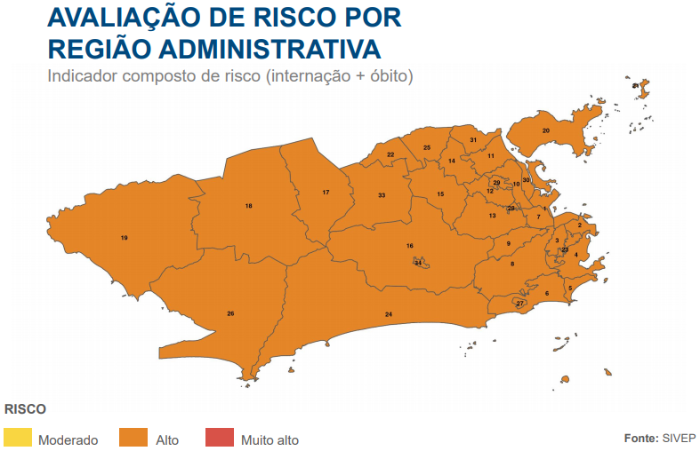 A imagem mostra o mapa da cidade do RIo em cor de de laranja, mostrando que a cidade toda está com nivel alto de risco de contaminação pela Covid-19