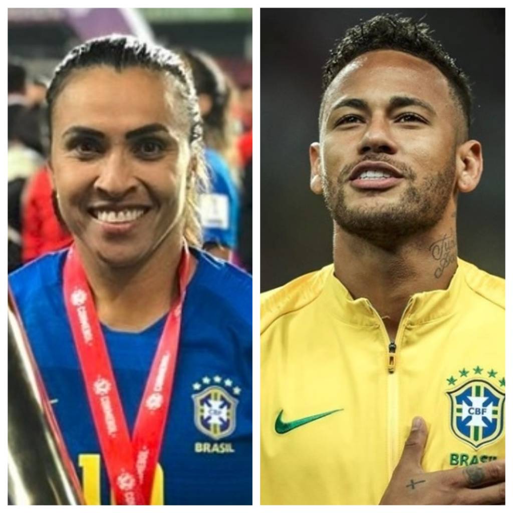 A imagem mostra a jogadora Marta e o jogador Neymar; ela, com uma medalha pendurada no pescoço, ele, cantando o hino nacional