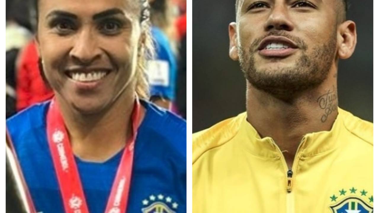 A imagem mostra a jogadora Marta e o jogador Neymar; ela, com uma medalha pendurada no pescoço, ele, cantando o hino nacional