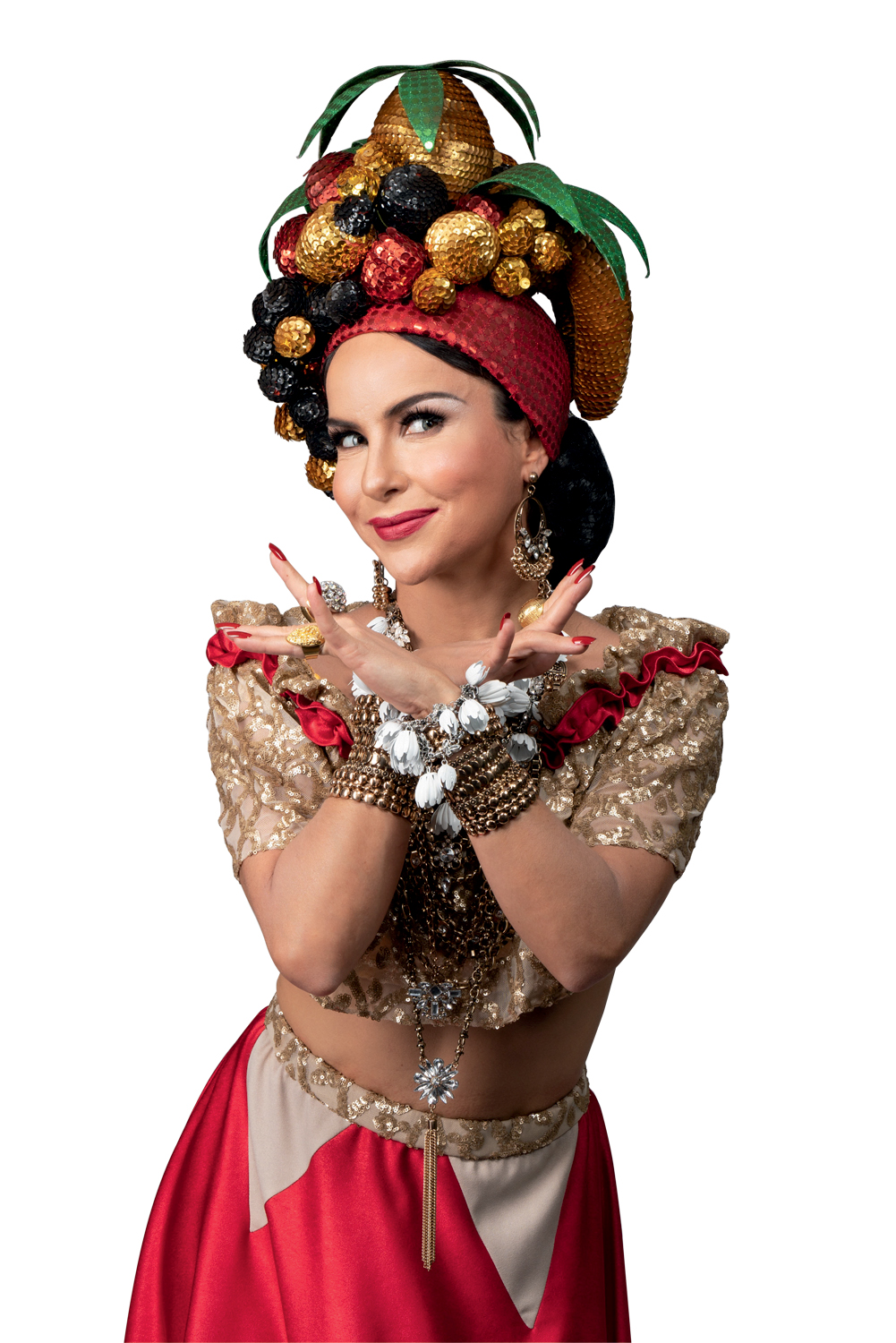 Atriz Amanda Acosta como Carmen Miranda e seu famoso turbante de frutas