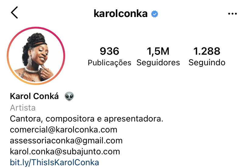 A imagem mostra a pagina inicial de karol conka no instagram