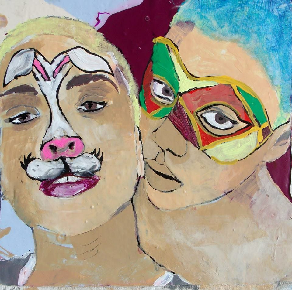 Pintura de dois jovens fantasiados no carnaval