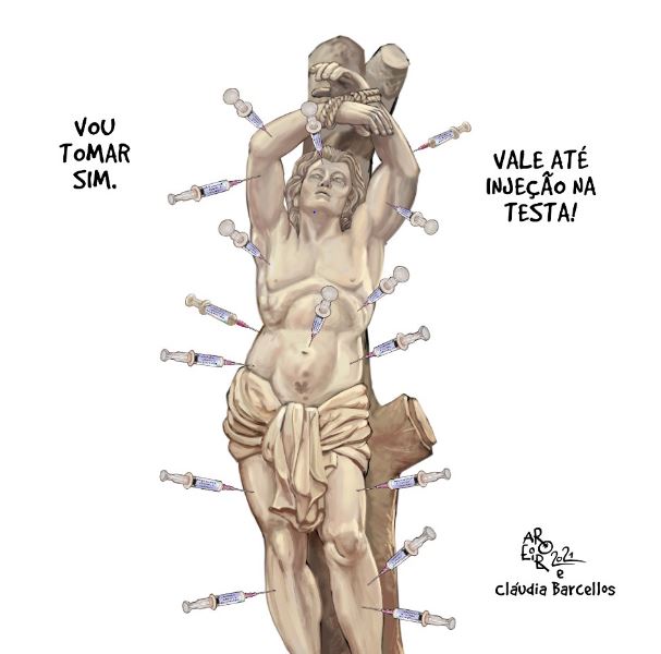 Charge de São Sebastião flechado com seringas de vacina