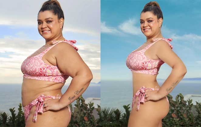 Foto de antes e depois. À direita mulher morena com cabelo preso posa de lado com corpo magro de biquini rosa e mãos na cintura editado por photoshop. À esquerda mulher morena de cabelo preso posa de lado de biquini rosa e mãos na cintura sem edição.