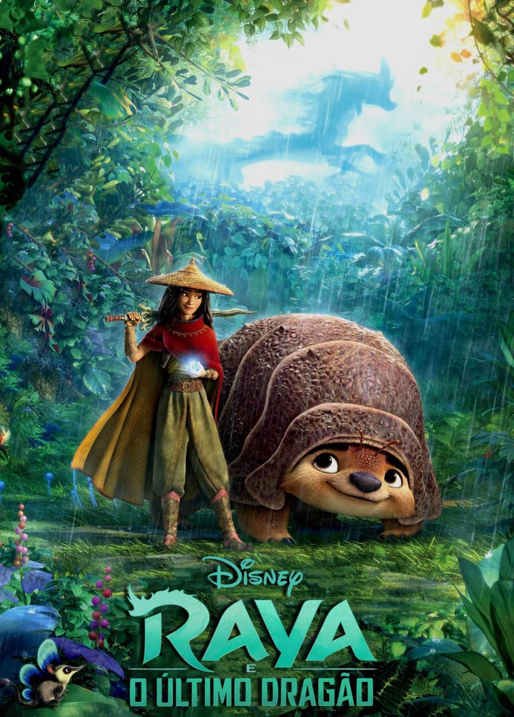 Cartaz do filme Raya com animação da menina e um bicho gigante
