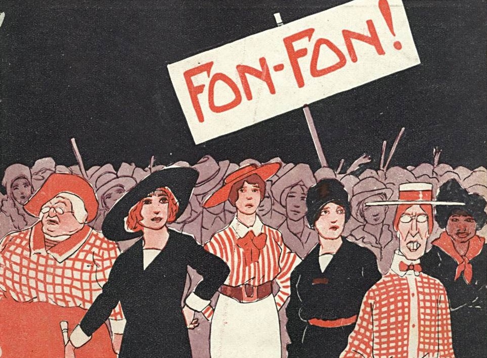 Capa da revista "Fon-Fon!", de 16 de maio de 1914, mostrando grupo de sufragistas em frente a uma multidão