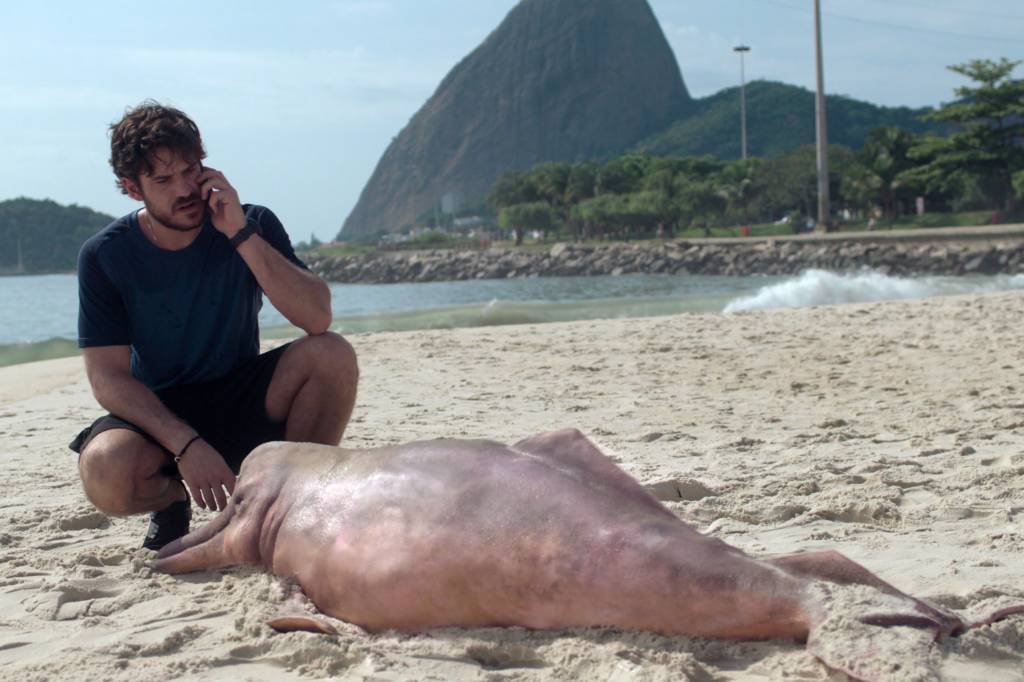 Marco Pigossi com boto cor de rosa na praia do Flamengo