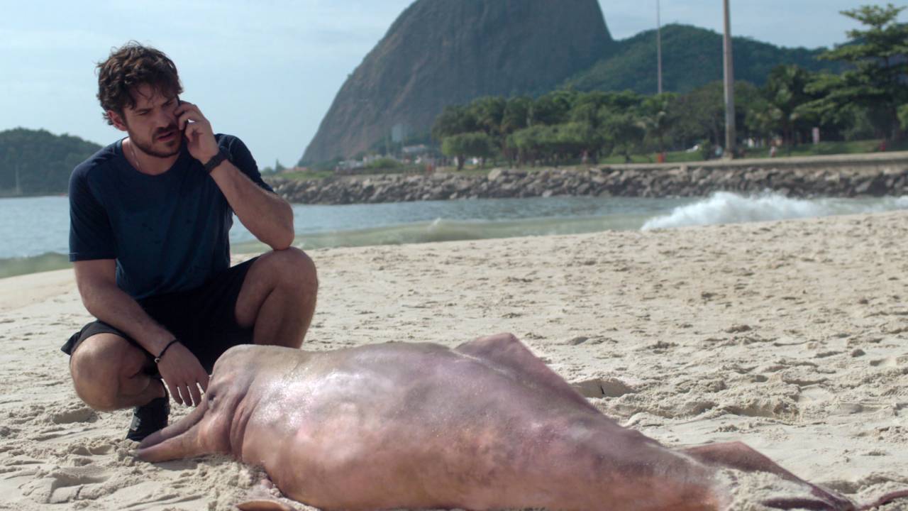 Marco Pigossi com boto cor de rosa na praia do Flamengo