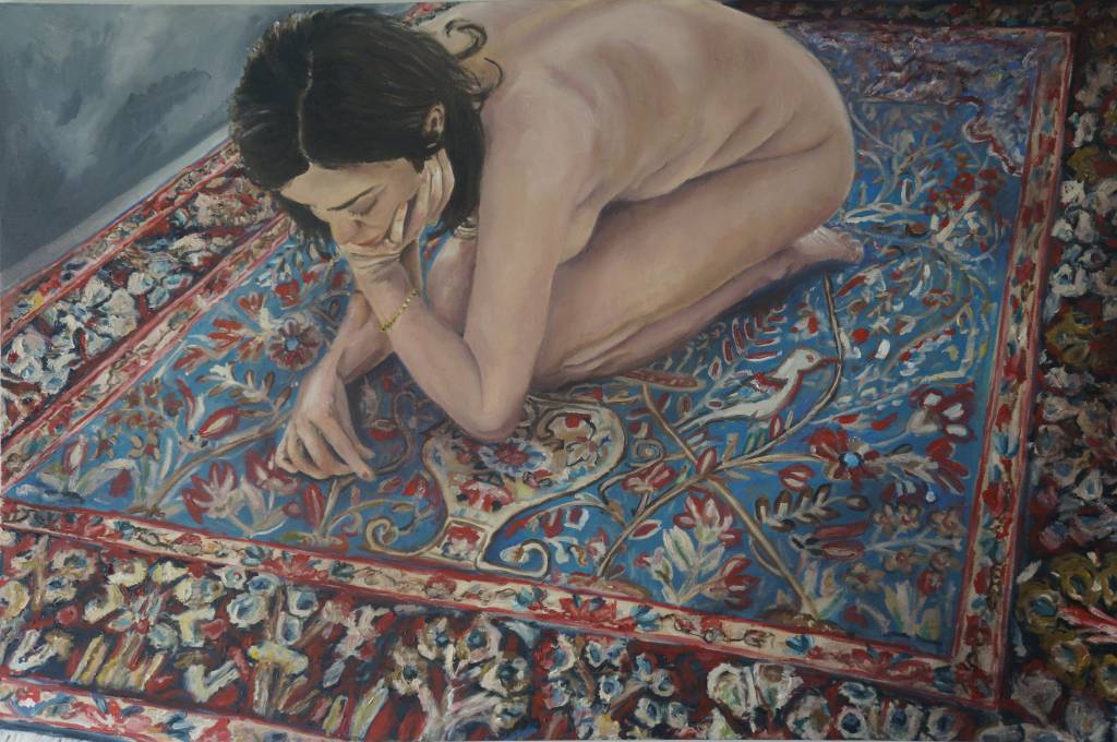 Pintura de mulher agachada sobre um tapete