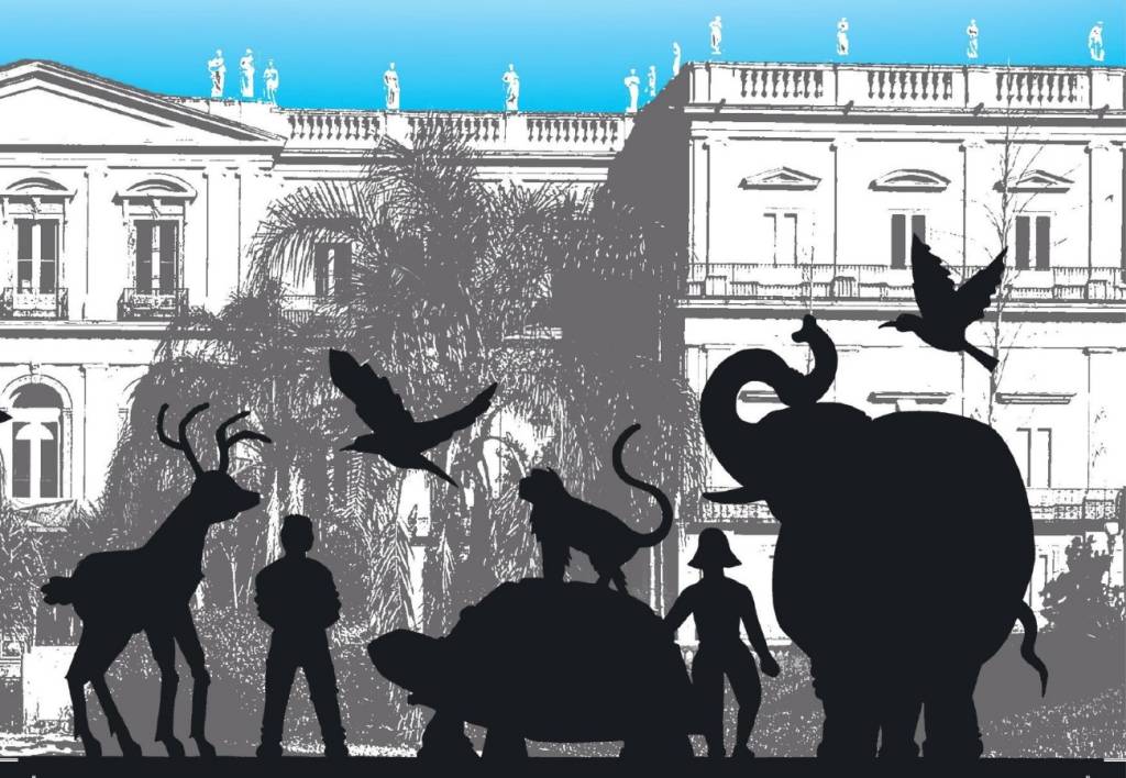 Desenho com a silhueta de animais em frente ao Museu Nacional