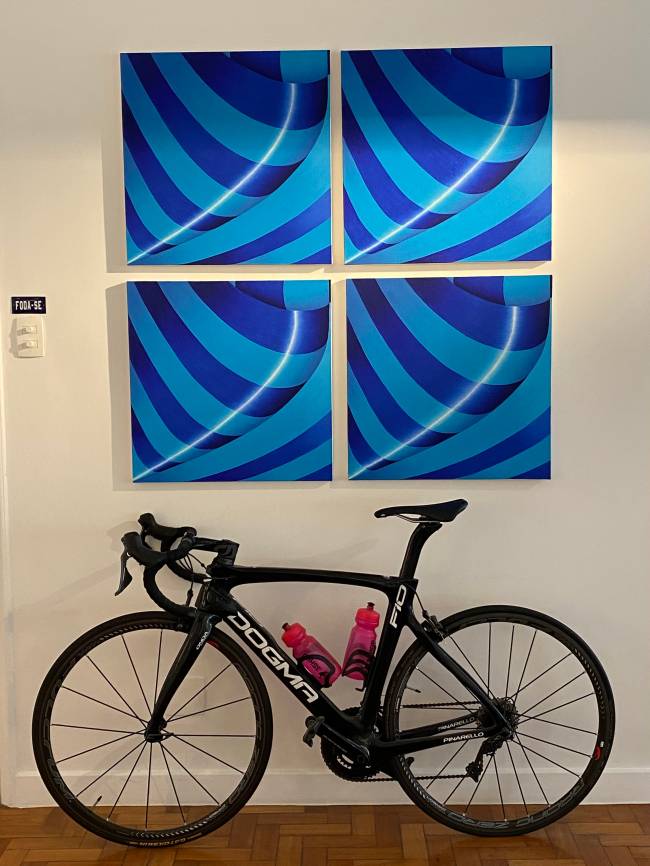 A imagem mostra uma bicicleta no chão e uma quadro na parede.