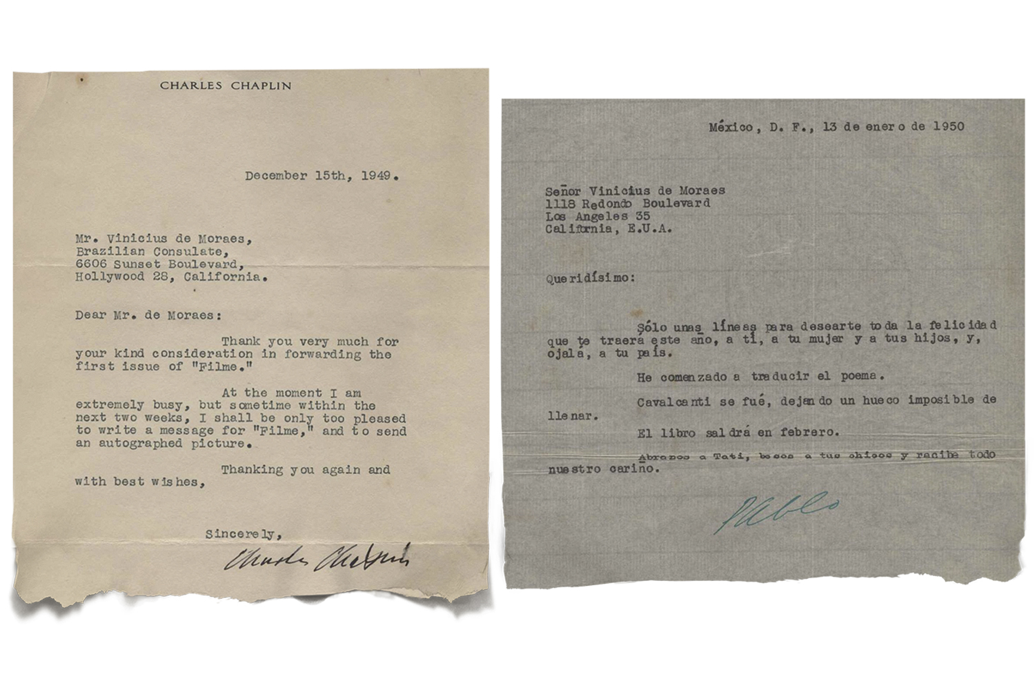 Cartas preciosas: afago do amigo Pablo Neruda e agradecimento de Charles Chaplin -