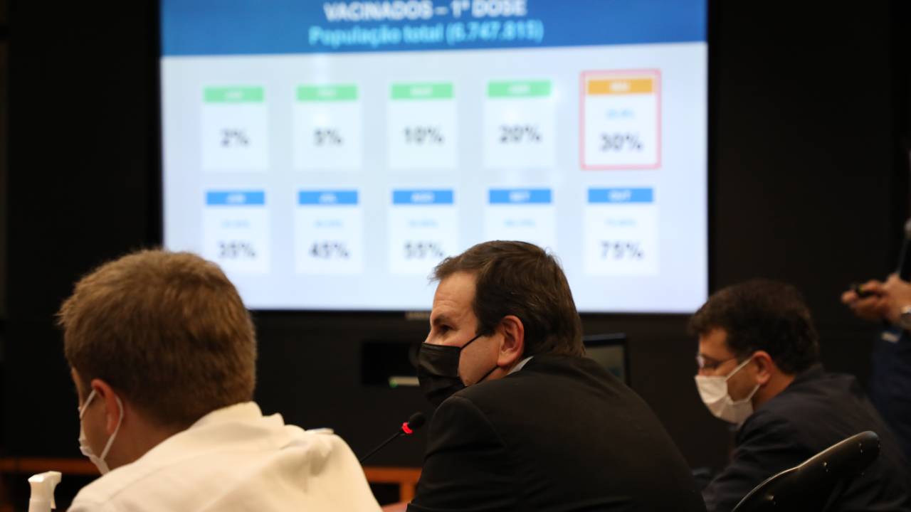 A imagem mostra o prefeito Eduardo Paes sentado à mesa, de máscara, tendo á frente uma tela com núemros de dados