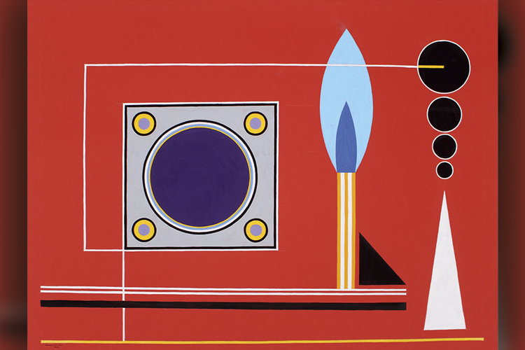 Pintura em guace de Roberto Magalhães traz a predominância do vermelho e objetos como um palito de fósforo aceso e uma caixa de som