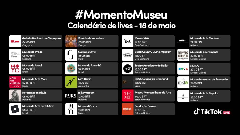 Tabela mostra horários dos tours do #MomentoMuseu do TikTok