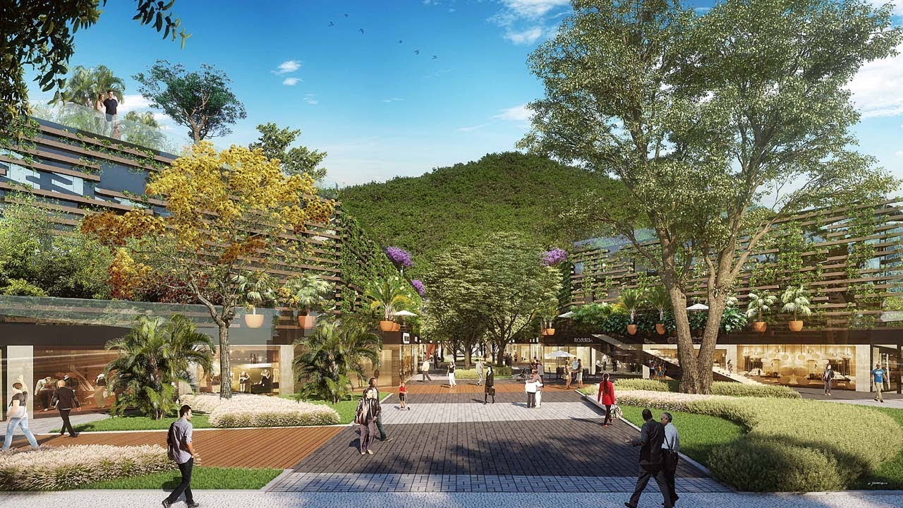 projeto arquitetônico do parque sustentável da gávea, com lojas e muita área verde