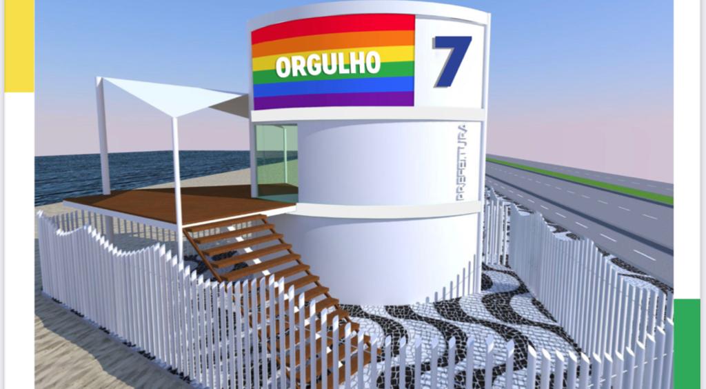 A imagem mostra um dos postos de salvamento da cidade com um painel que retrata a bandeira do arco-íris e a palavra Orgulho
