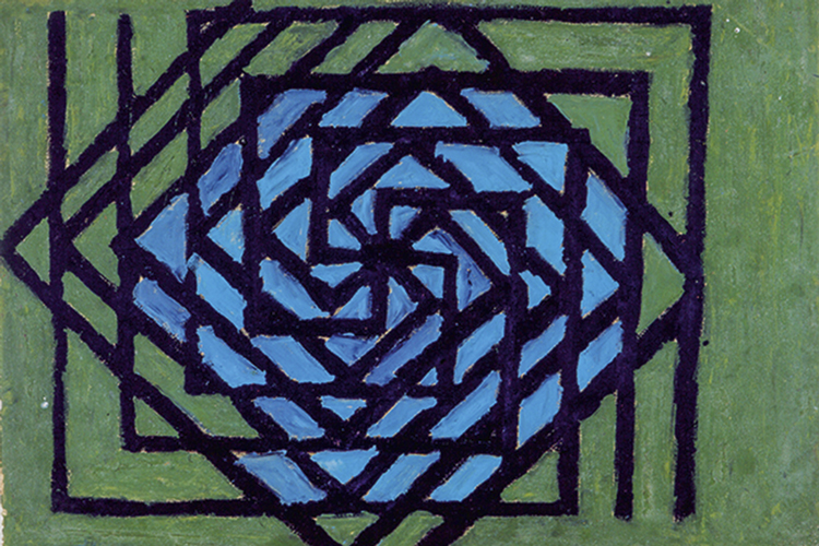 Pintura abstrata em preto, azul e verde, traz formas geométricas como losangos e quadrados