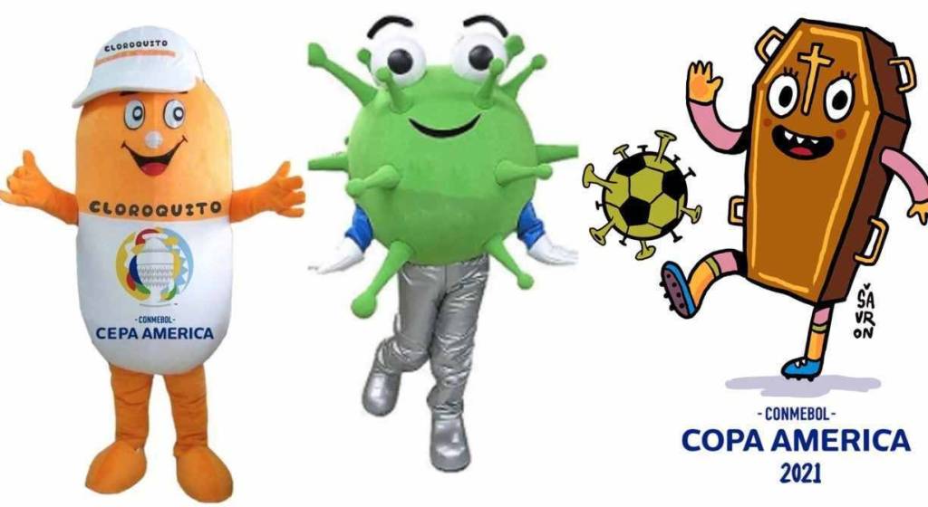 a imagem mostra ilustrações de mascotes ironizando a copa américa no Brasil, durante a pandemia do coronavírus