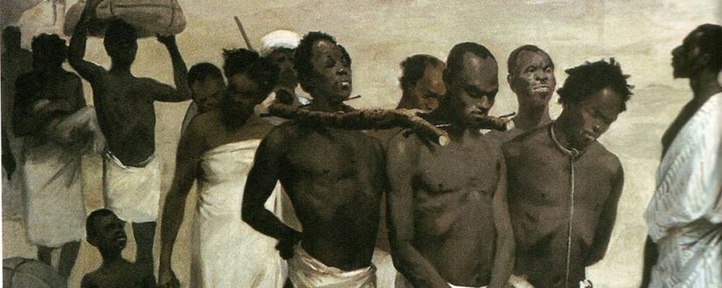 A imagem mostra um grupo de escravos apanhando