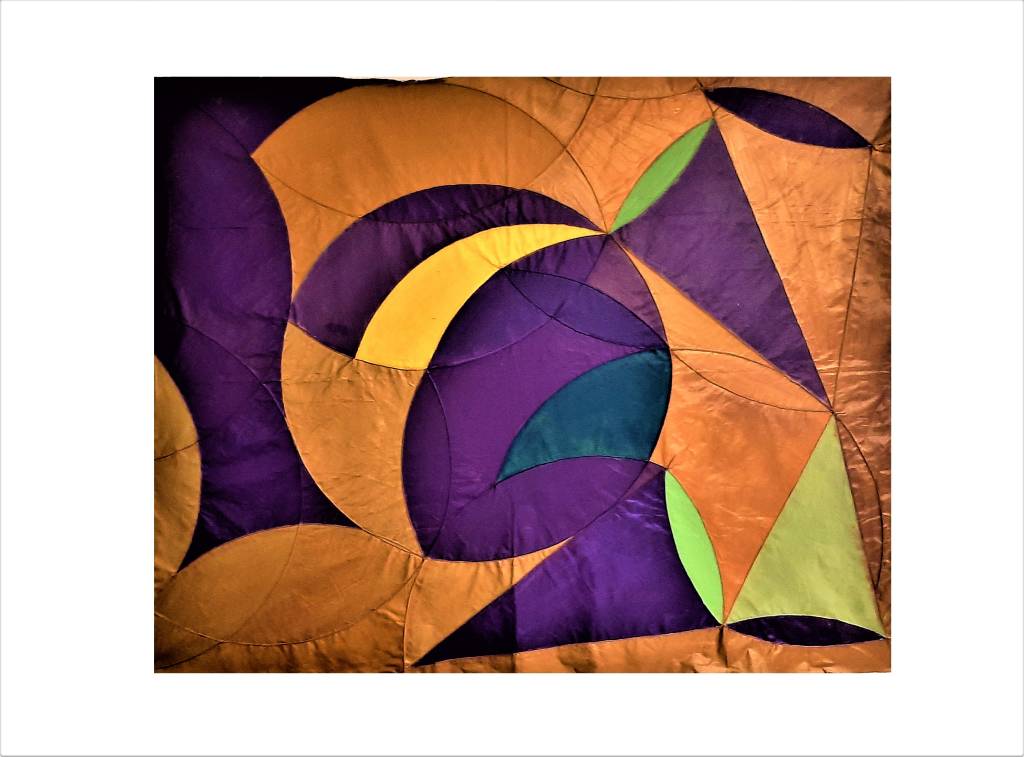 Obra de Mário Camargo em tons de laranja, verde e roxo. Abstrata