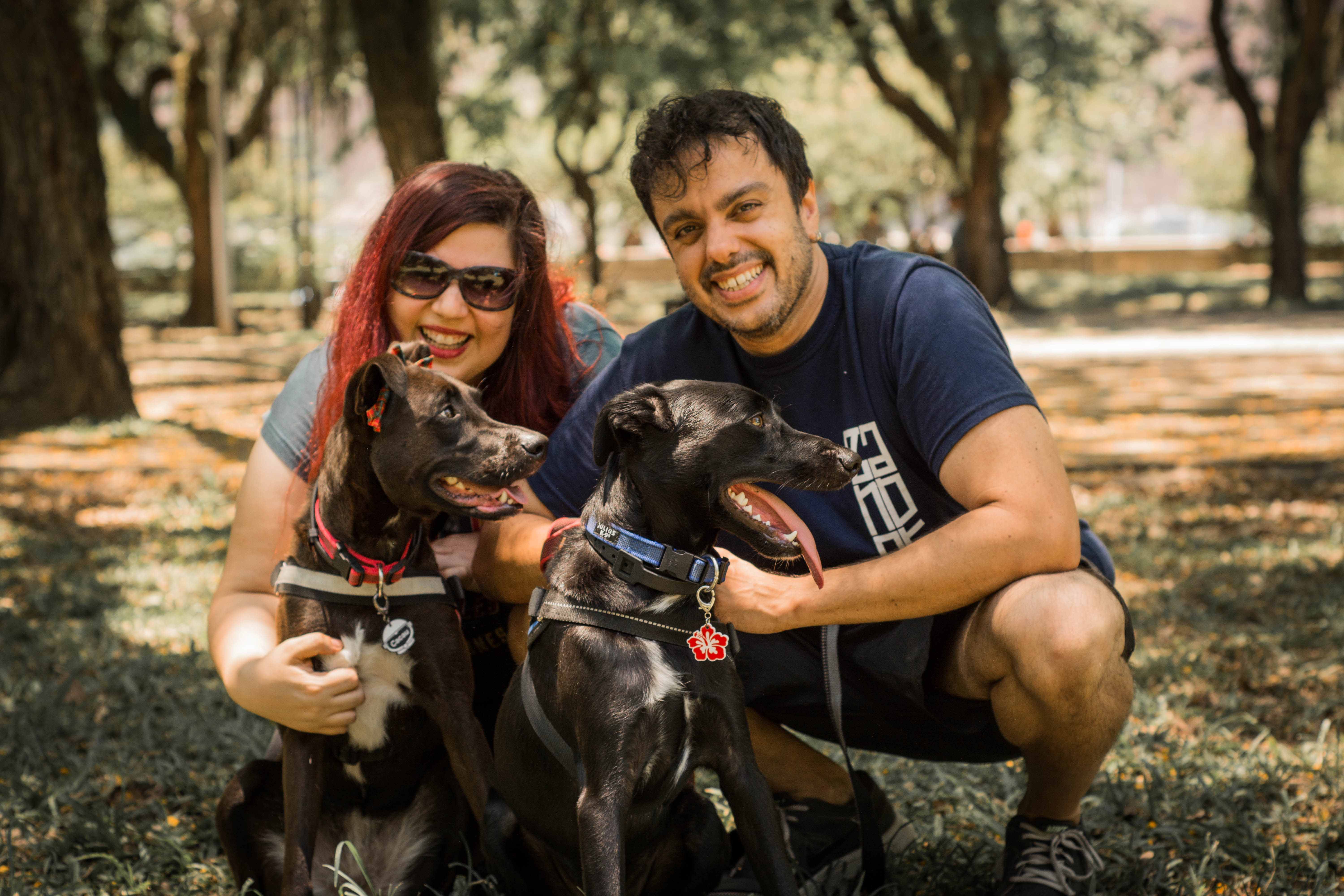Foto mostra dois tutores em um parque com dois cães vira-latas pretos
