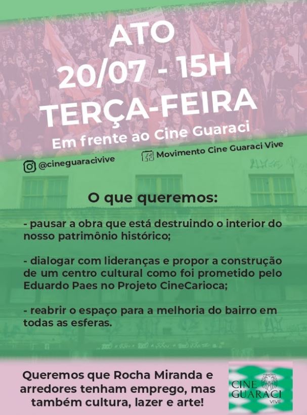 Cartaz de convocação para defesa do Cine Guaraci