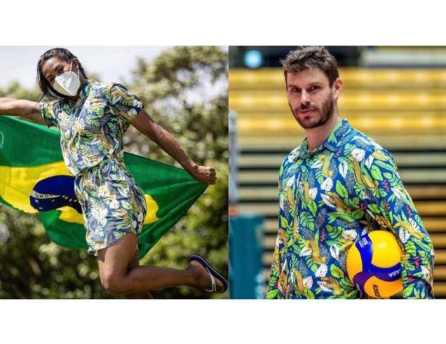 Trajes do Time Brasil no desfile de abertura foram assinados pela marca carioca Wöllner: bermuda de sarja e camisa com estampa tropical para Bruno Rezende e vestido com motivos tropicais para Ketleyn. Nos pés, sandálias havaianas.