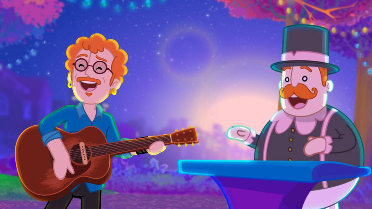 Imagem mostra desenho do cantor Nando Reis tocando violão no clipe do Mundo Bita