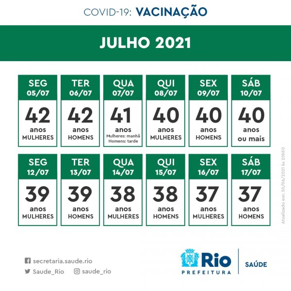Calendário com as datas de vacinação no Rio contra a Covid-19 entre os dias 5 e 17 de julho