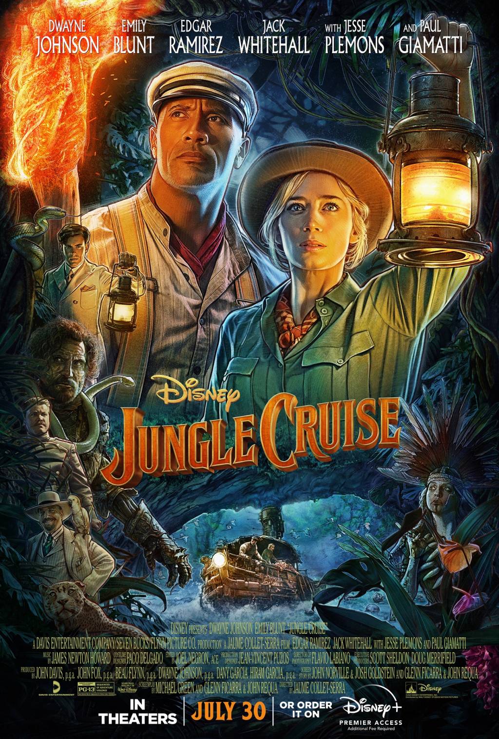 Capa do filme Jungle Cruise mostra os atores Dwayne Johnson e Emily Blunt com roupa de exploradores
