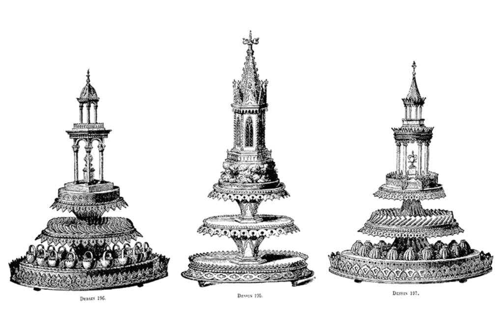 Os desenhos de Carême: o cozinheiro francês deixou um vasto registro de memoráveis invenções, como as suas clássicas sobremesas em formato de torres -