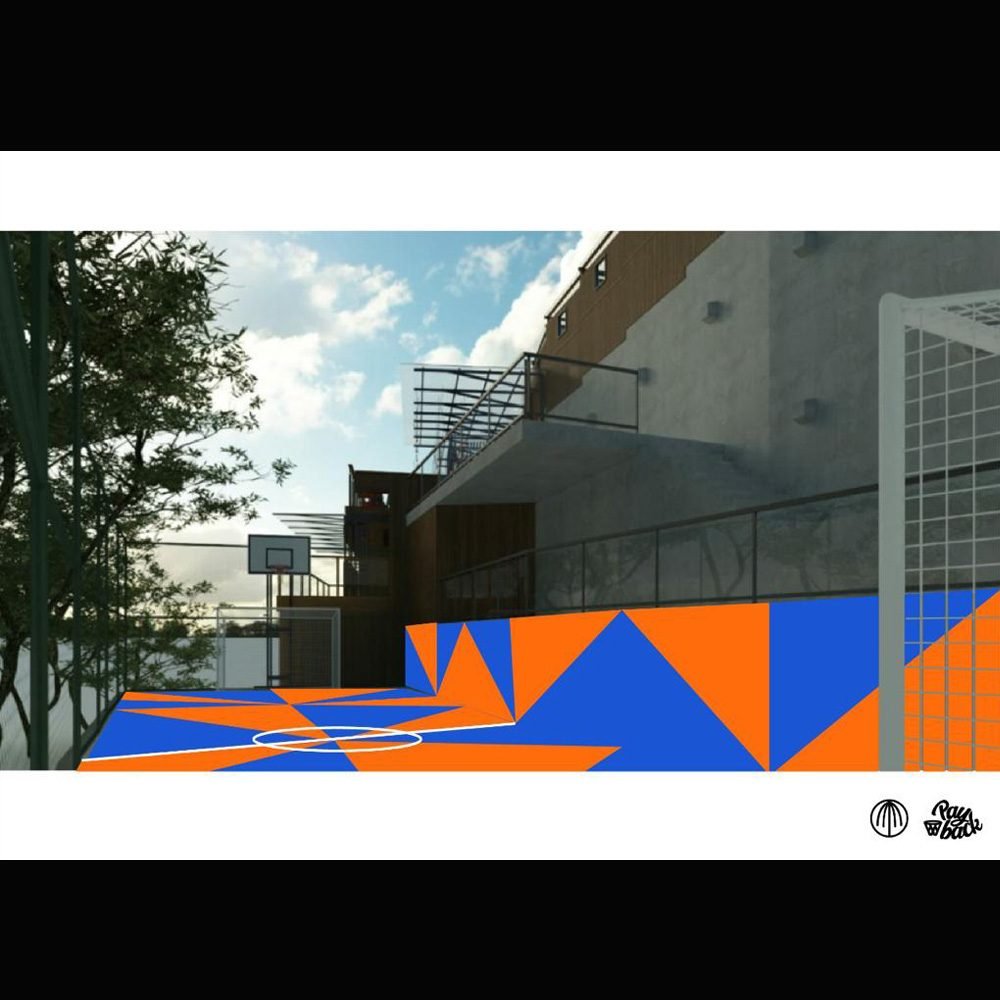 Foto mostra projeto de quadra de basquete nas cores laranja e azul