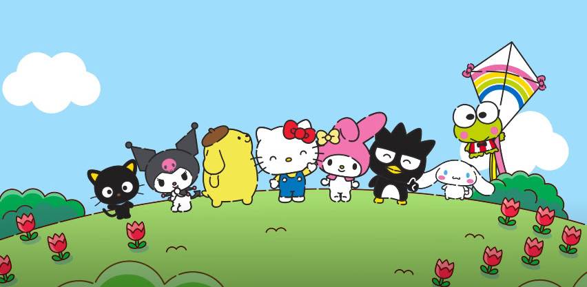 Ilustração mostra Hello Kitty e seus amigos num fundo florido