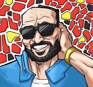 Padrinho-do-Suburbano-da-Depressao Desenho do personagem Padrinho do Suburbano da Depressão, homem sorrindo de óculos escuro