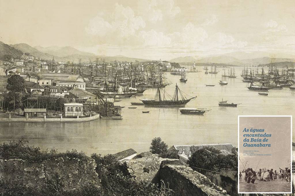 A capa do livro e o Porto da Saúde (na imagem maior), na segunda metade do século XIX: pesquisa de um ano foi retratada em exposição e depois expandida e impressa -
