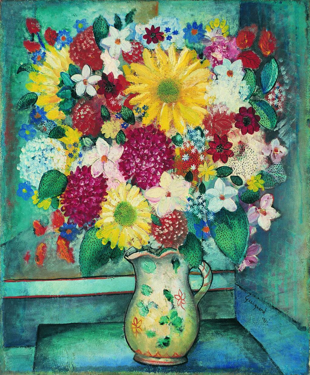 Pintura de Guignard mostra um vaso de flores coloridas, em tons de amarelo, branco e vermelho, num fundo azul