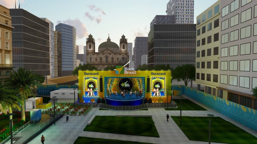 Projeto gráfico da arena na Avenida Presidente Vargas com palco onde serão os shows do festival