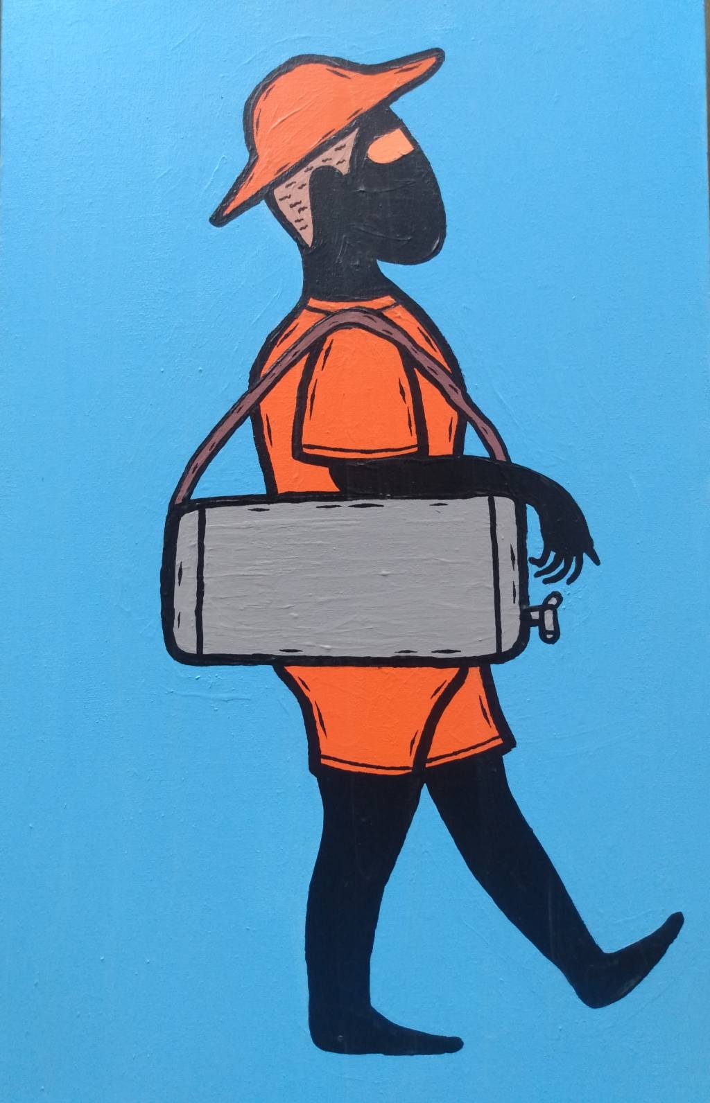 pintura de um vendedor de mate da praia, vestido roupa laranja e segurando um galão