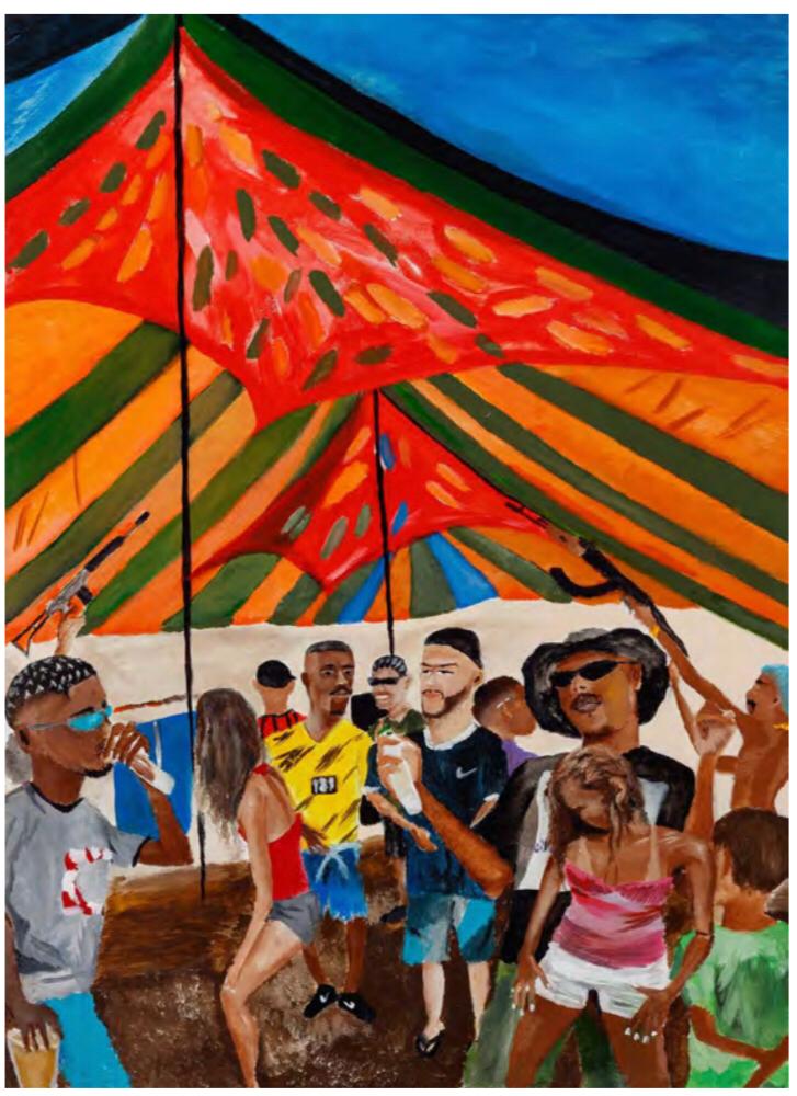 Pintura de Jota mostra jovens negros debaixo de uma tenda colorida, numa roda de samba