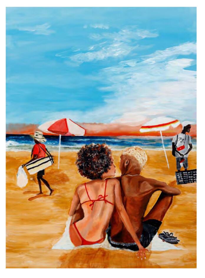 Pintura de Jota mostra casal negro na praia, de costas