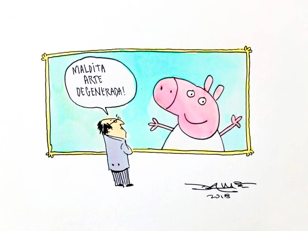 Tirinha do artista André Dahmer com homem olhando quadro com figura de porco e dizendo: "Maldita arte degenerada".