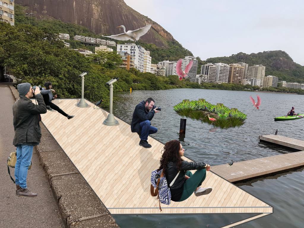 Imagem mostra deque na Lagoa Rodrigo de Freitas com guarda-corpo e ilha artificial com vegetação nativa