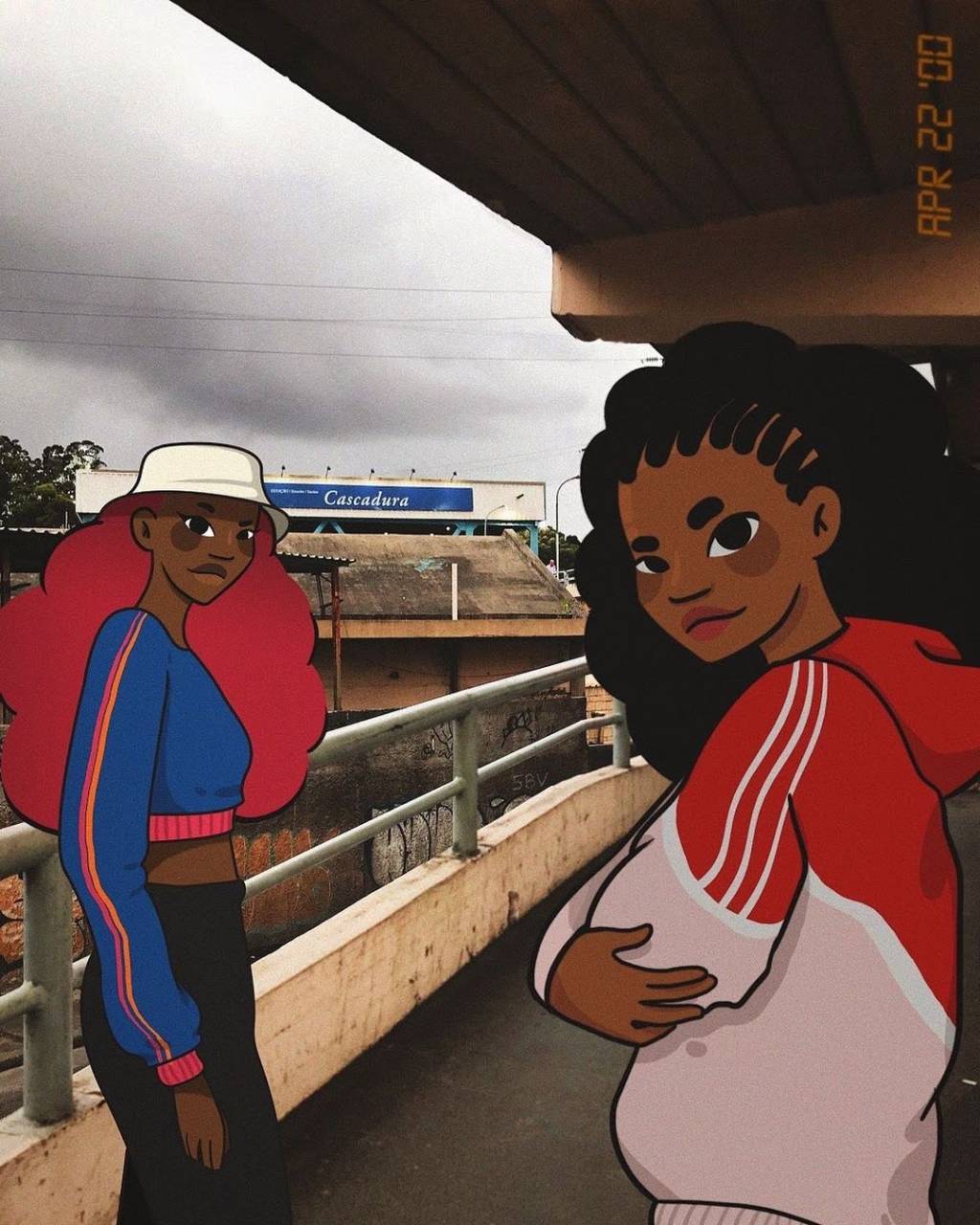 Foto e ilustração de Amora Moreira de duas meninas na estação de Cascadura