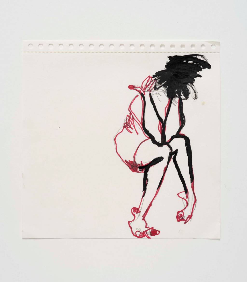 desenho de uma mulher sentada, com as mãos nos ombros, a cabeça abaixada, as pernas e os pés tensos