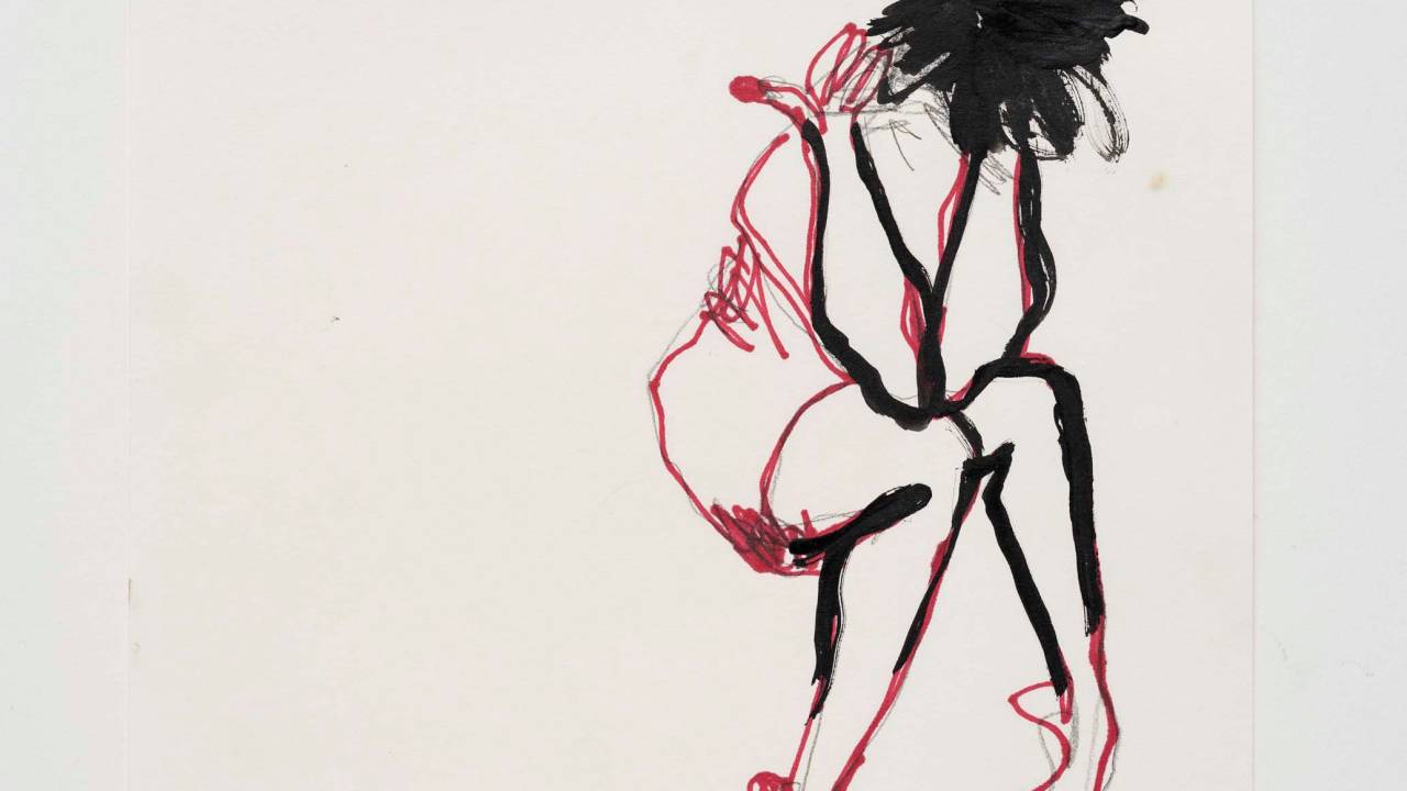 desenho de uma mulher sentada, com as mãos nos ombros, a cabeça abaixada, as pernas e os pés tensos