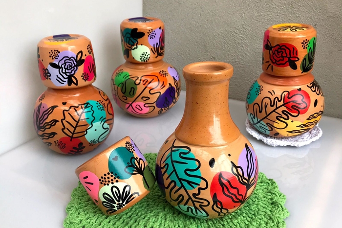 Peças em cerâmica pintadas com desenhos coloridos